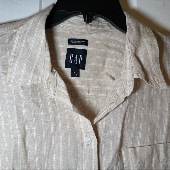 Gap Woman’s Boyfriend Shirt Linen Tan And Ivory Stripe Button Up Small Collar - Picture 3 of 6